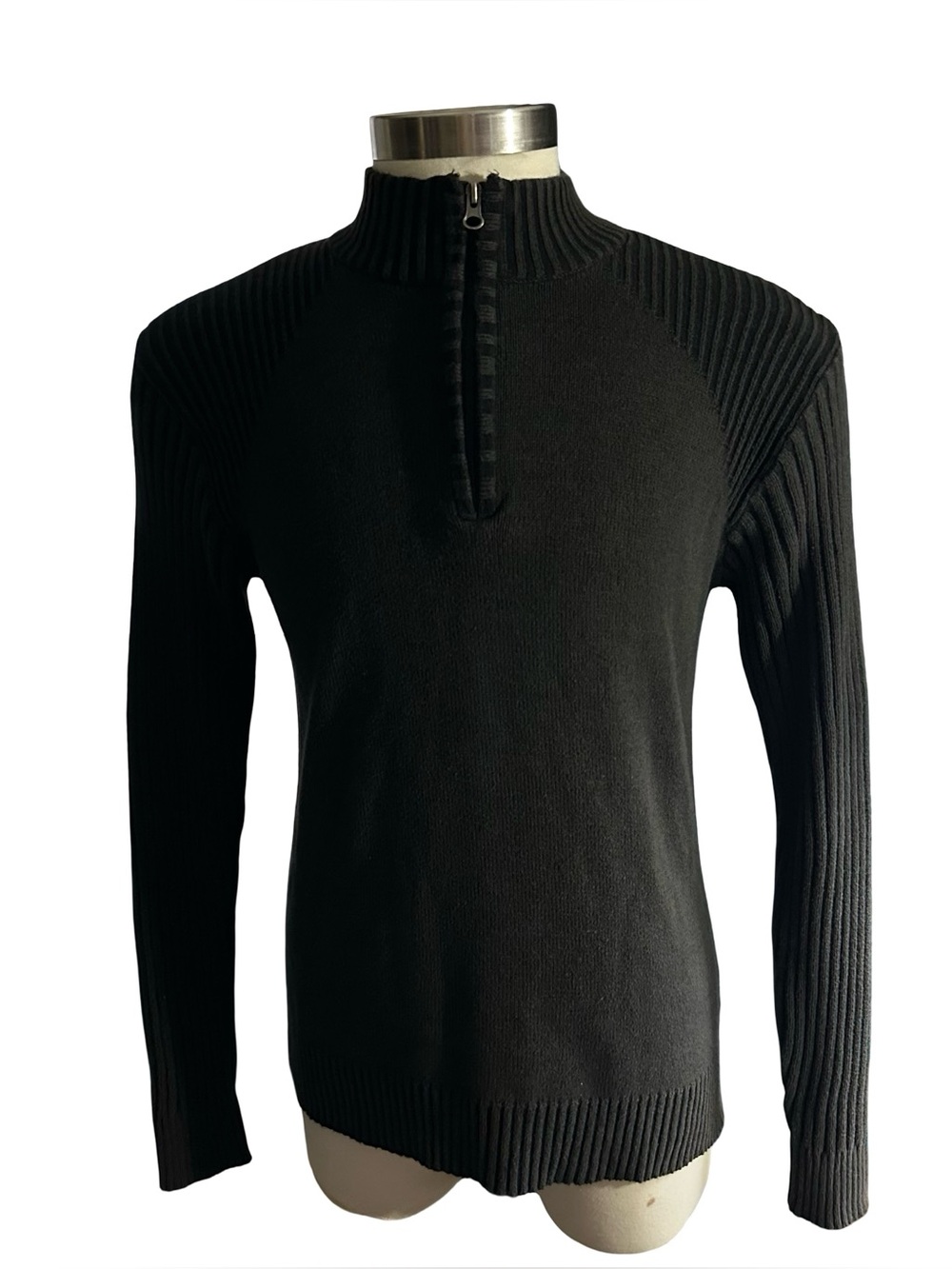 BKE Mock Neck Sweater Men Sz L Black Charcoal Quarter Zip Ribbed Sleeve Pullover